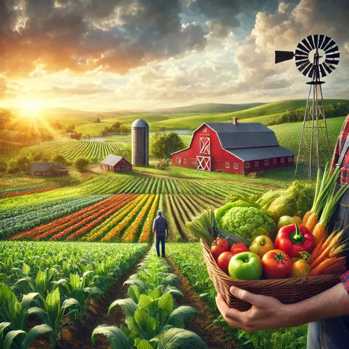 Field of crops with barn in the distance during sunset
